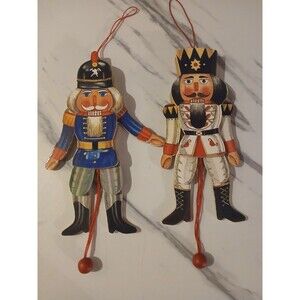 Vintage Nutcracker Pull String Jointed Hanging  Puppet Ornament Set Of 2